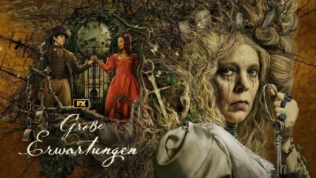 Das Poster für „Große Erwartungen“ zeigt eine Frau mit Tränen im Gesicht, einen Mann und eine Frau vor einem Herrenhaus.