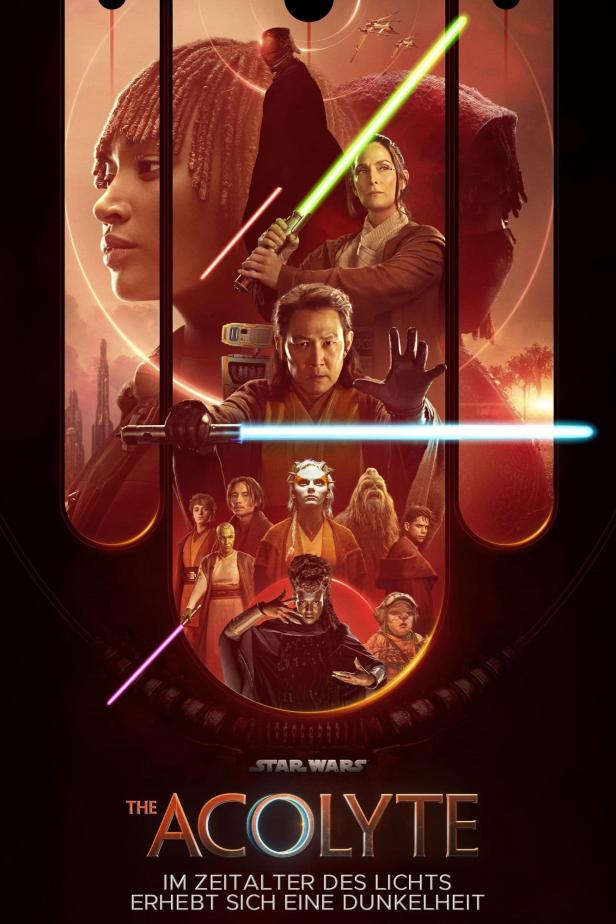 Das Poster für „Star Wars: The Acolyte“ zeigt verschiedene Charaktere mit Lichtschwertern.