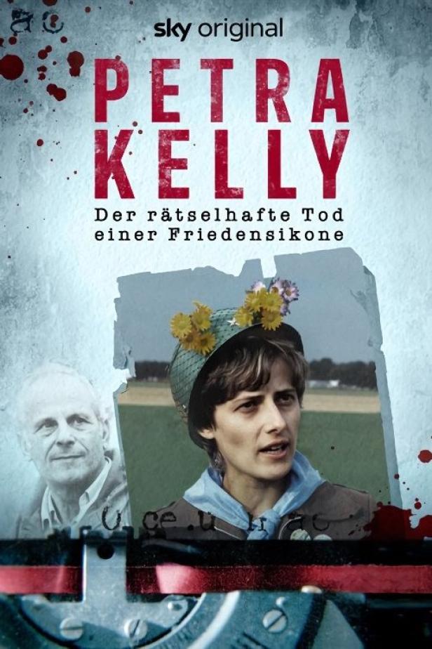 Das Filmplakat für „Petra Kelly: Der rätselhafte Tod einer Friedensikone“ zeigt Petra Kelly mit Blumen im Haar.