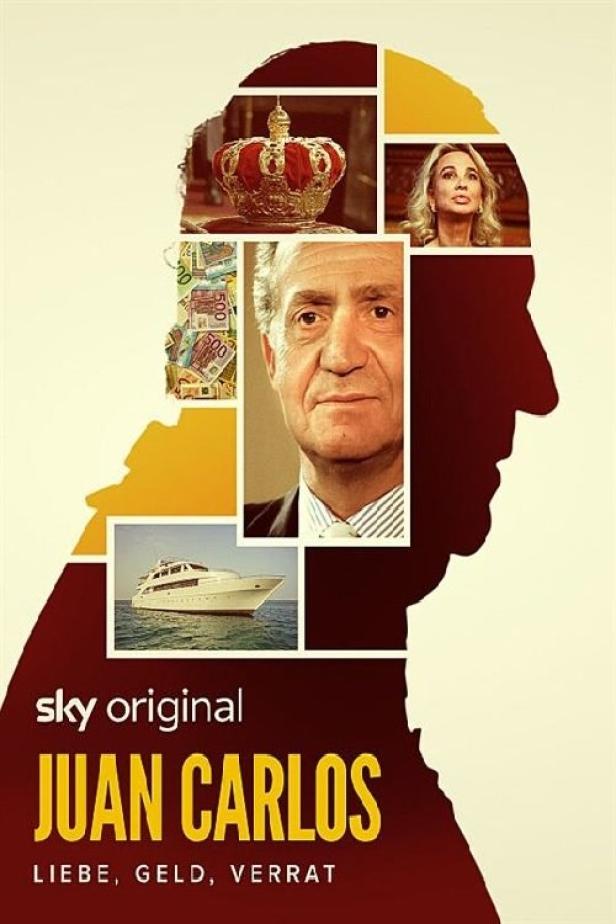 Das Poster für die Sky-Dokumentation „Juan Carlos: Liebe, Geld, Verrat“ zeigt Juan Carlos und Symbole seines Lebens.