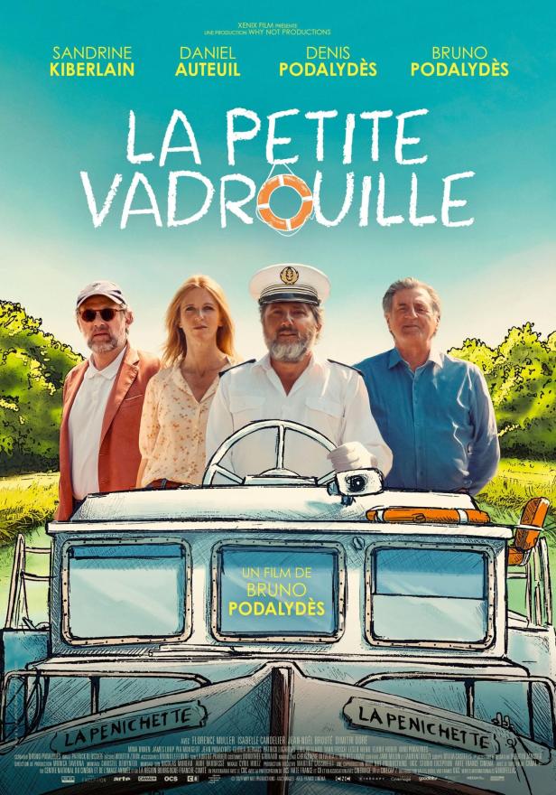 Das Filmplakat für „La Petite Vadrouille“ zeigt vier Schauspieler auf einem Boot.