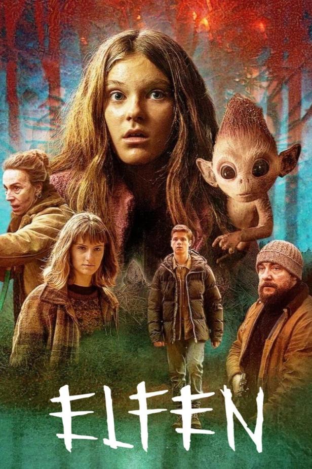 Das Filmplakat für „Elfen“ zeigt eine Gruppe von Menschen und ein elfenartiges Wesen.