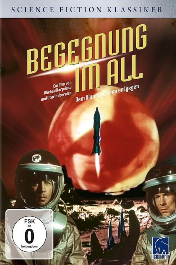 Das Filmplakat für „Begegnung im All“ zeigt zwei Astronauten und eine Rakete vor einem roten Planeten.