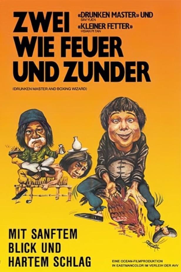 Das Filmplakat für „Drunken Master“ zeigt zwei Karikaturfiguren.