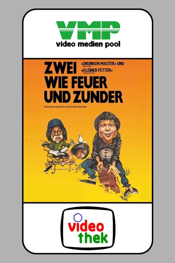 Das Filmplakat für „Zwei wie Feuer und Zunder“ mit den Filmen „Drunken Master“ und „Kleiner Fetter“.