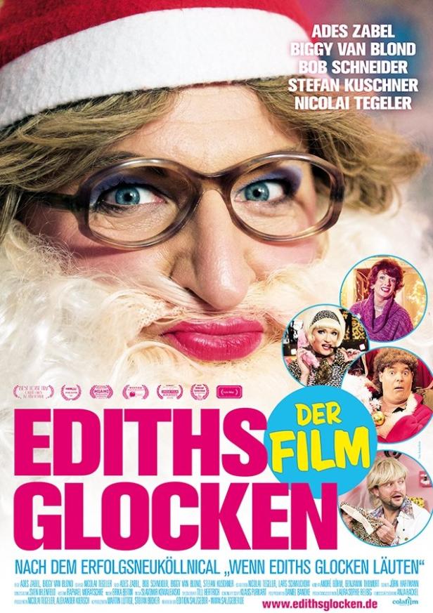 Das Filmplakat zu „Ediths Glocken“ zeigt Ades Zabel als Weihnachtsmann-ähnliche Figur.