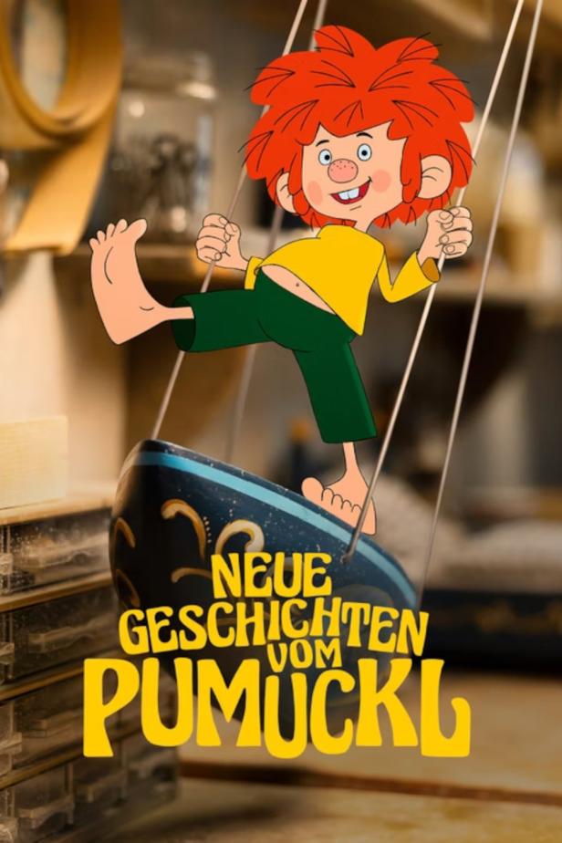 Pumuckl schwingt an einem Werkzeug in einer Werkstatt, im Hintergrund der Titel „Neue Geschichten vom Pumuckl“.