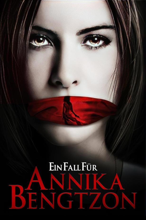Das Filmplakat für „Ein Fall für Annika Bengtzon“ zeigt eine Frau mit einem roten Tuch vor dem Mund.