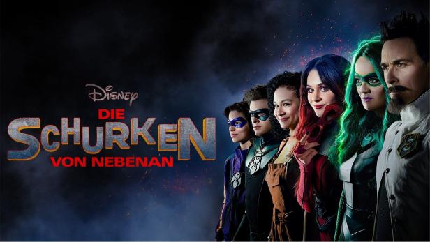 Das Poster für die Disney+-Serie „Die Schurken von Nebenan“ zeigt die Hauptdarsteller in ihren Superheldenkostümen.
