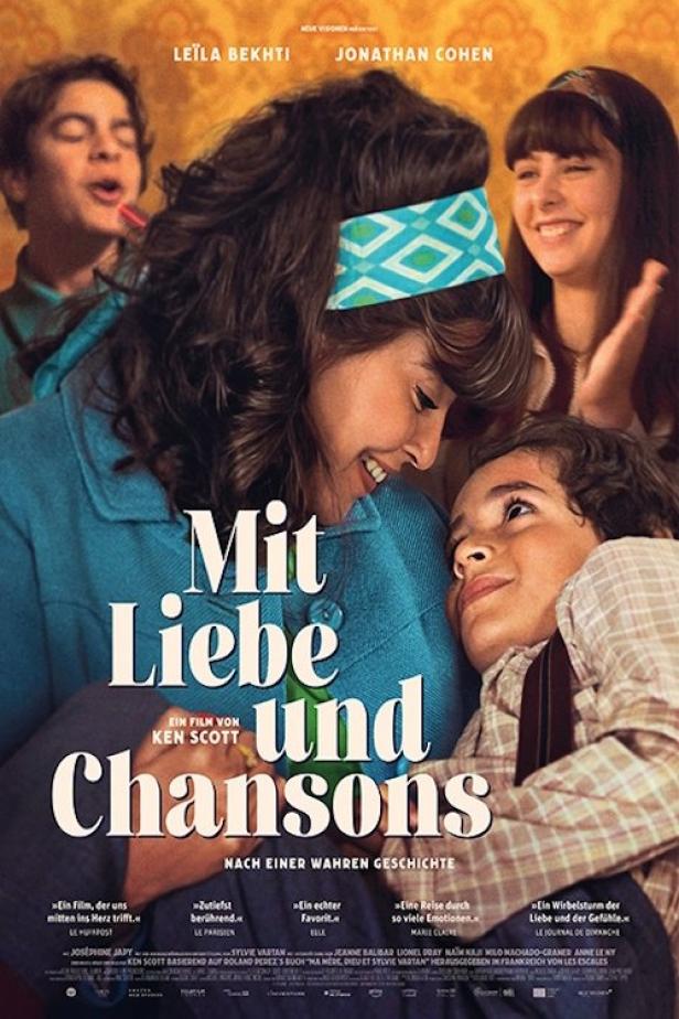 Das Filmplakat für „Mit Liebe und Chansons“ zeigt eine Frau mit Kindern.