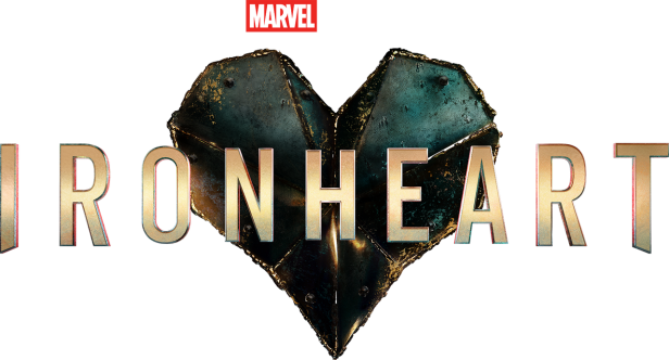 Das Logo der Marvel-Fernsehserie „Ironheart“ vor einem herzförmigen Metallhintergrund.