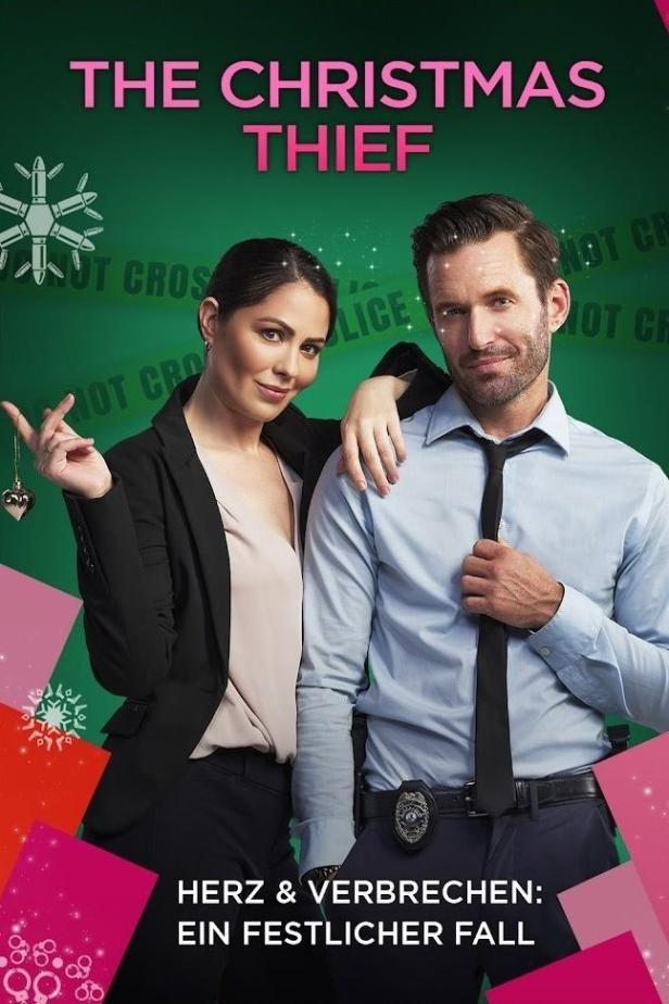 Das Filmplakat für „The Christmas Thief“ zeigt zwei Polizisten vor einem festlichen Hintergrund.