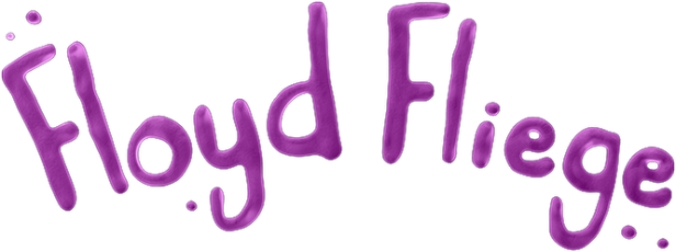 Der Schriftzug „Floyd Fliege“ in violetter Schrift auf schwarzem Hintergrund.