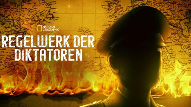 Das Key Visual für „Regelwerk der Diktatoren“ zeigt einen Mann in Uniform vor einer alten Weltkarte und Flammen.