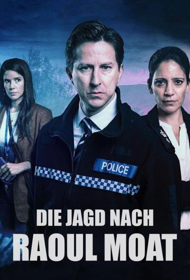 Drei Schauspieler vor dem Hintergrund des Posters für „Die Jagd nach Raoul Moat“.