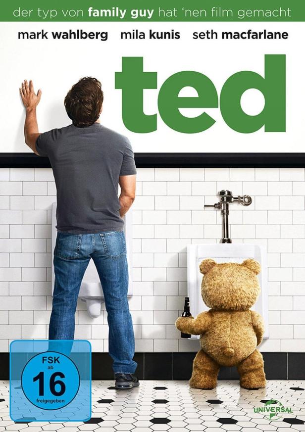 Das Filmplakat für „Ted“ zeigt einen Mann und einen Teddybären an Urinalen.