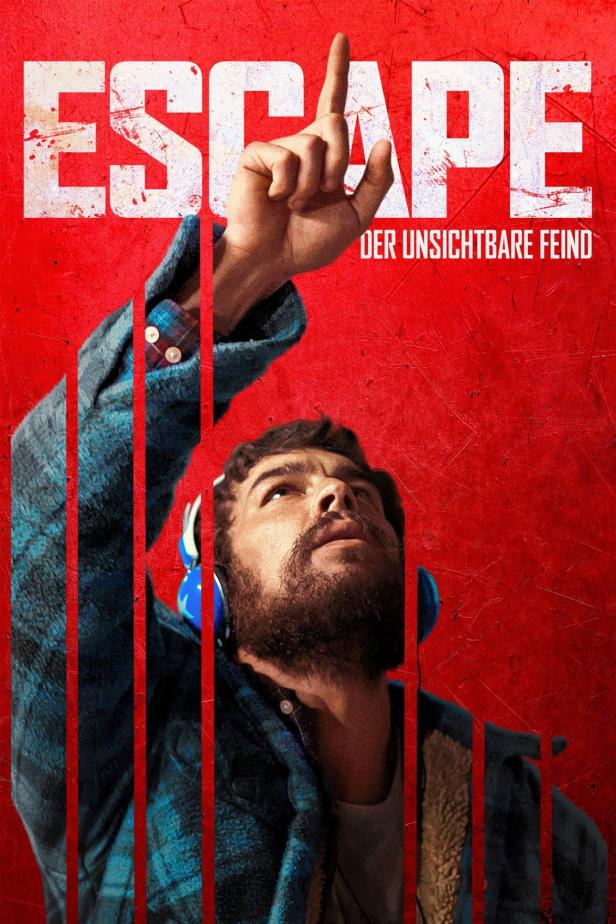 Das Filmplakat für „Escape: Der unsichtbare Feind“ zeigt einen Mann mit Kopfhörern, der nach oben deutet.