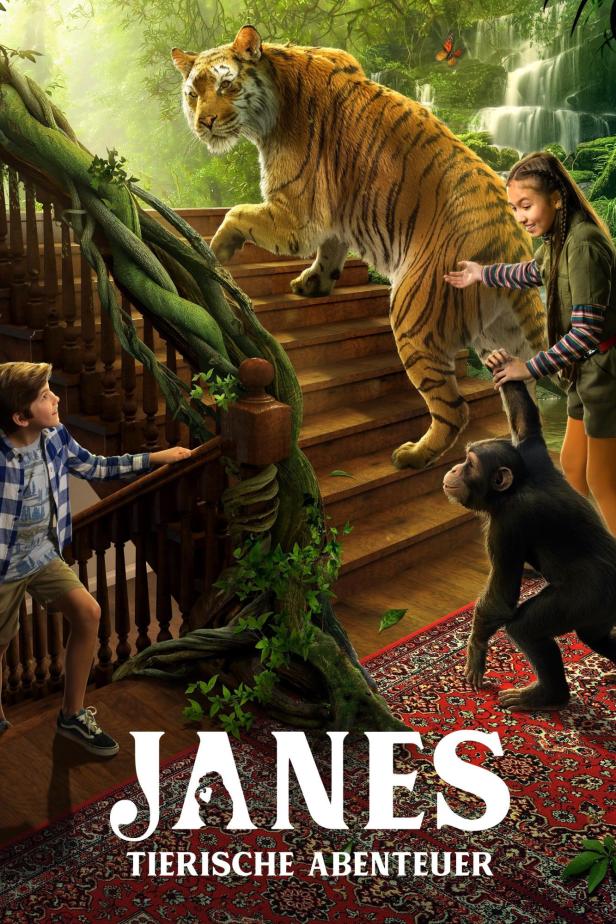 Ein Junge, ein Mädchen, ein Tiger und ein Schimpanse auf einer Treppe im Dschungel, wie im Film „Janes tierische Abenteuer“.