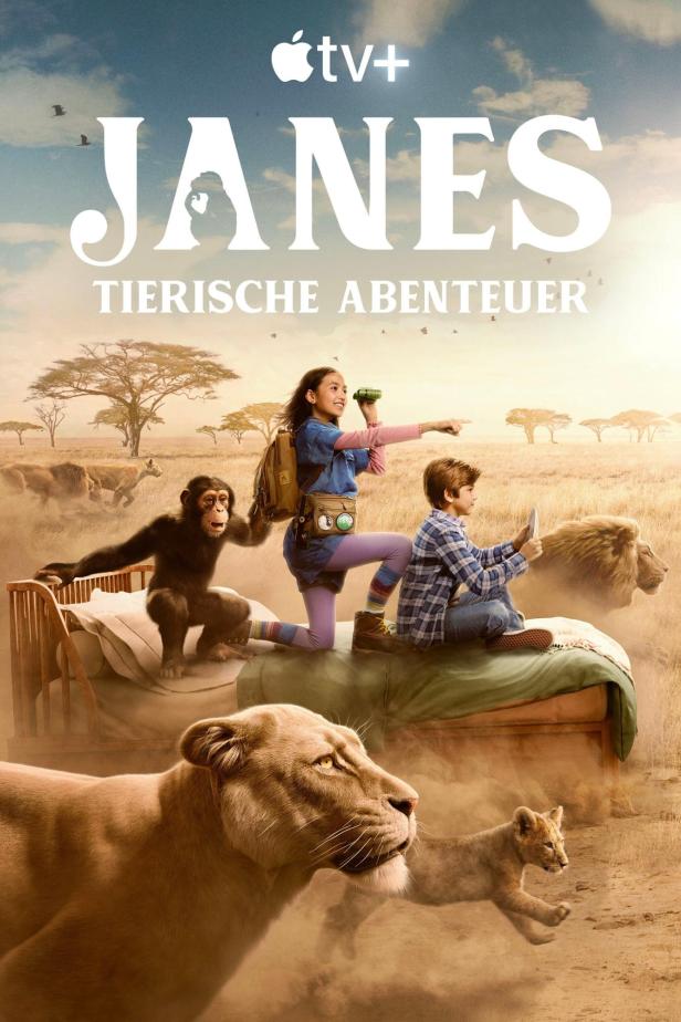 Das Filmplakat für „Janes tierische Abenteuer“ zeigt Kinder und Tiere in einer afrikanischen Savanne.