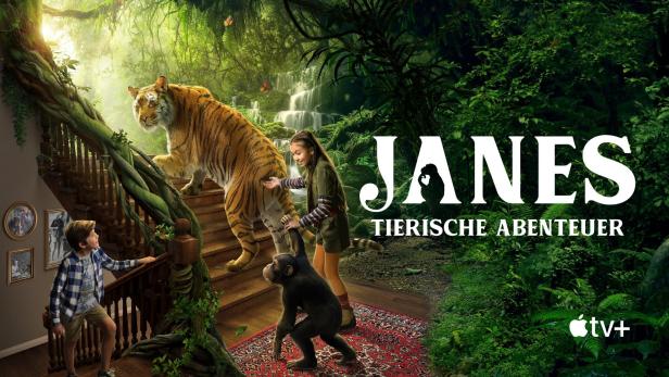 Ein Junge, ein Mädchen, ein Tiger und ein Schimpanse auf einer Treppe im Dschungel für die Serie „Janes tierische Abenteuer“.