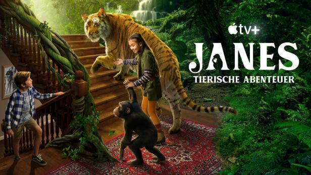 Ein Mädchen, ein Junge, ein Tiger und ein Schimpanse auf einer Treppe für „Janes tierische Abenteuer“.