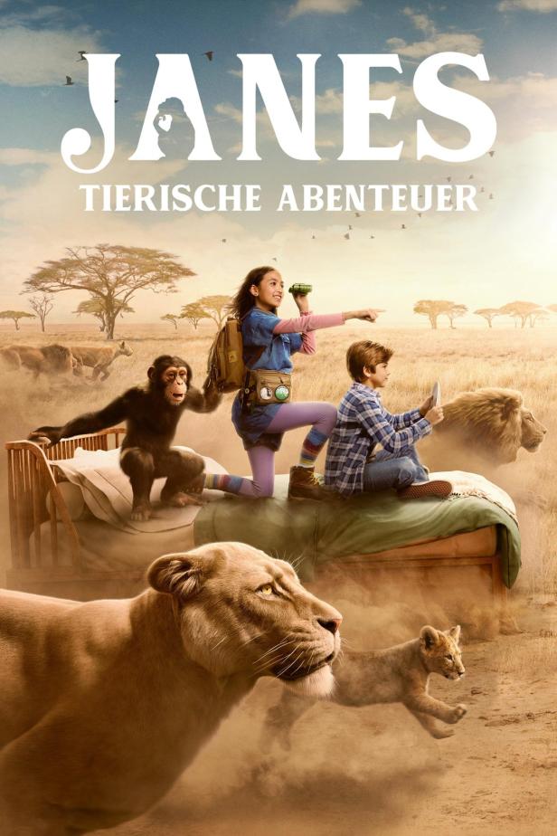 Das Filmplakat für „Janes tierische Abenteuer“ zeigt Kinder und Tiere in einer afrikanischen Savanne.