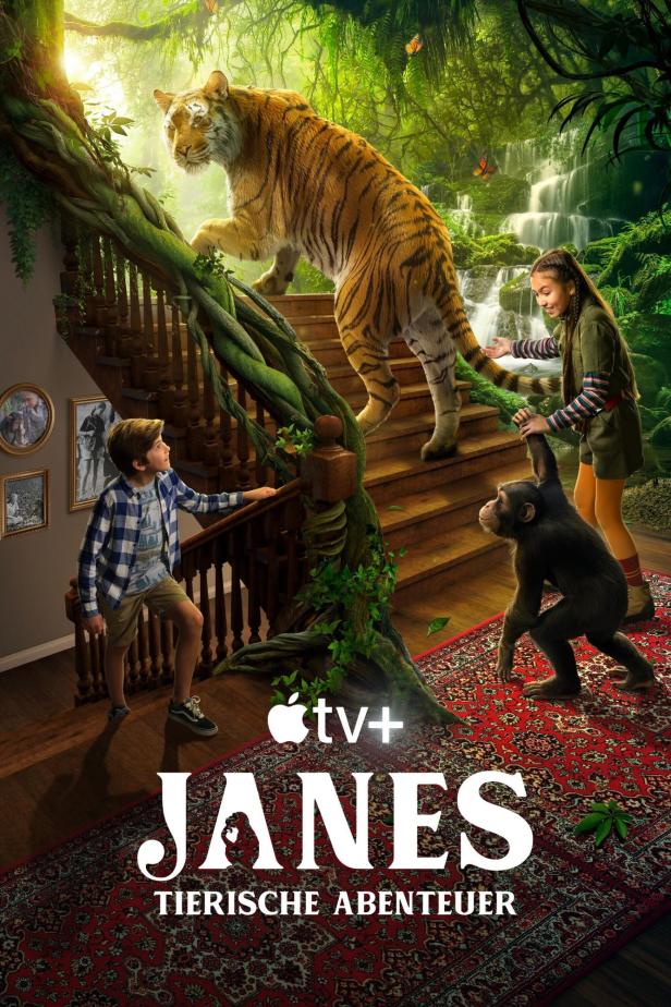 Ein Junge, ein Mädchen, ein Schimpanse und ein Tiger stehen auf einer Treppe im Dschungel für „Janes tierische Abenteuer“.
