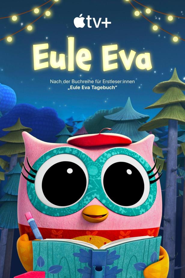 Das animierte Cover von „Eule Eva“ auf Apple TV+ zeigt eine lesende Eule.