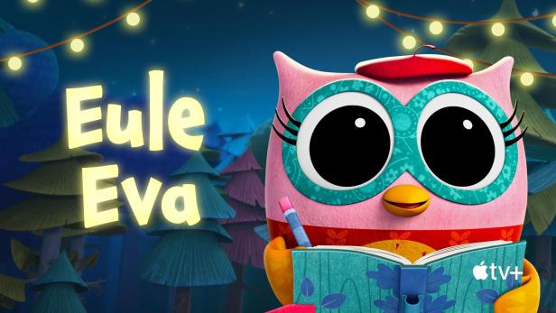 Eine stilisierte Eule mit einem Buch, beworben auf Apple TV+.