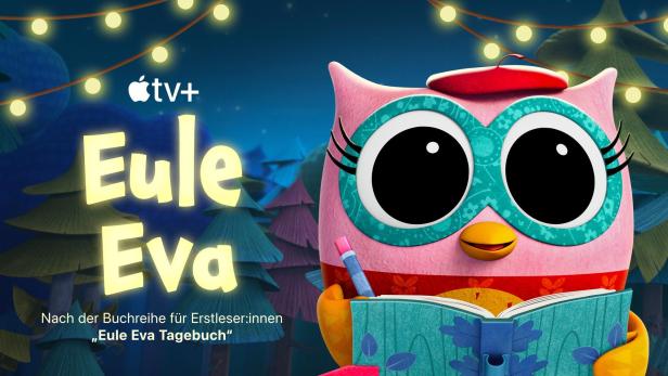 Eine animierte Eule mit einem Buch, basierend auf der Buchreihe „Eule Eva Tagebuch“.