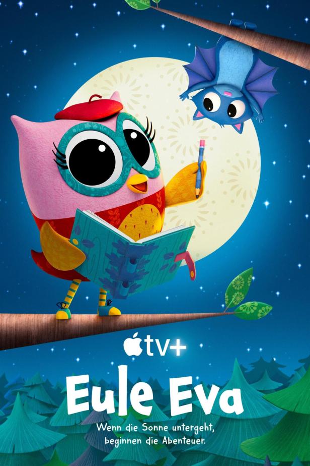 Eine animierte Eule mit Brille und Barett liest ein Buch, während eine Fledermaus über ihr hängt.