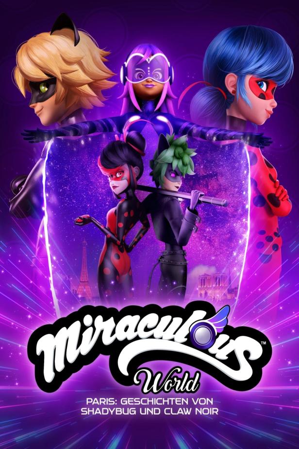 Das Poster für „Miraculous World: Paris – Geschichten von Shadybug und Claw Noir“ zeigt mehrere Charaktere vor einem violetten Hintergrund.