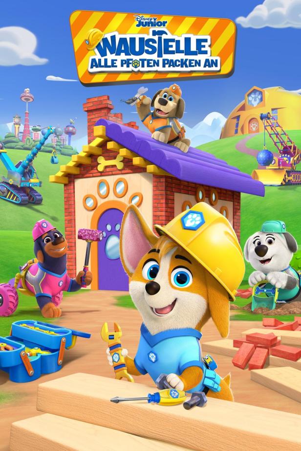 Das Poster für „Baustelle – Alle Pfoten packen an“ mit animierten Bauarbeiter-Welpen.