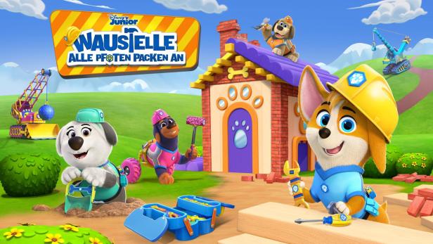 Hunde aus der Serie „Welpen Freunde – Mission Bau“ bauen ein Hundehaus.