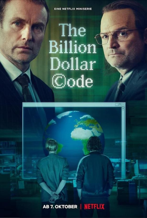 Das Poster der Netflix-Miniserie „The Billion Dollar Code“ zeigt zwei Männer und einen Globus auf einem Bildschirm.