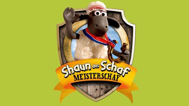 Shaun das Schaf präsentiert sich als Meister auf einem Wappen mit Hufeisen.