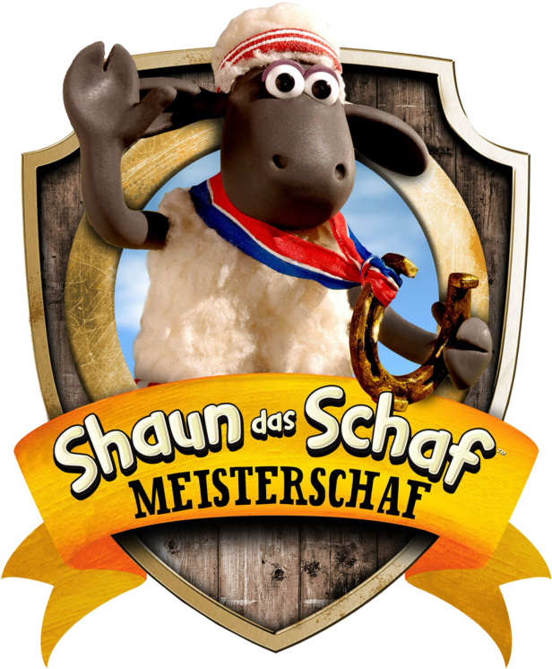 Shaun das Schaf präsentiert die „Meisterschaft“ mit einem Hufeisen in der Hand.