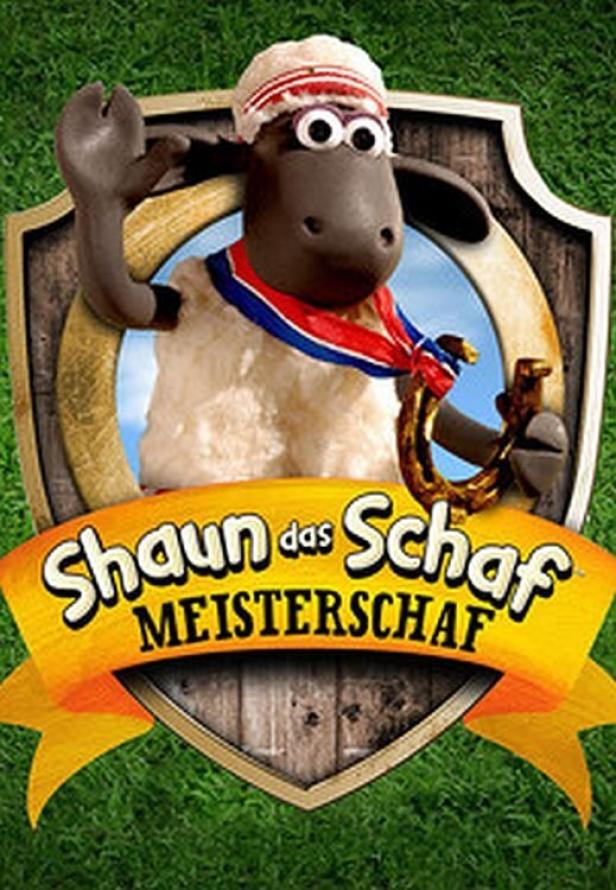 Shaun das Schaf präsentiert sich als Meister mit Medaille und Hufeisen vor einem Wappen.