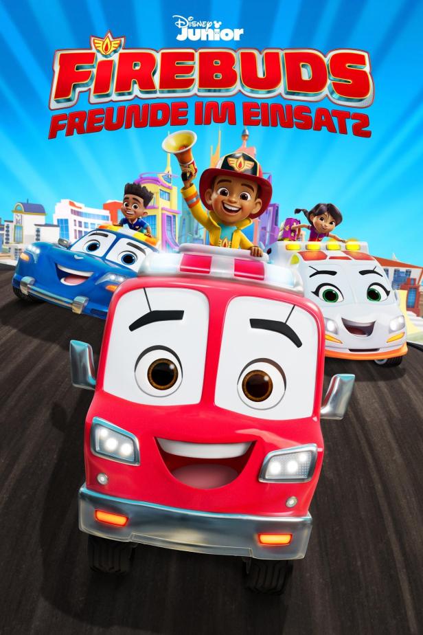 Das Poster für „Firebuds – Freunde im Einsatz“ zeigt animierte Kinder und Fahrzeuge.