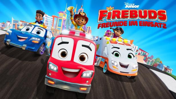 Das Titelbild der Disney Junior-Serie „Firebuds – Freunde im Einsatz“ mit den animierten Fahrzeugen und ihren Fahrern.
