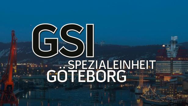 Die Skyline von Göteborg bei Nacht mit dem Schriftzug „GSI Spezialeinheit Göteborg“.