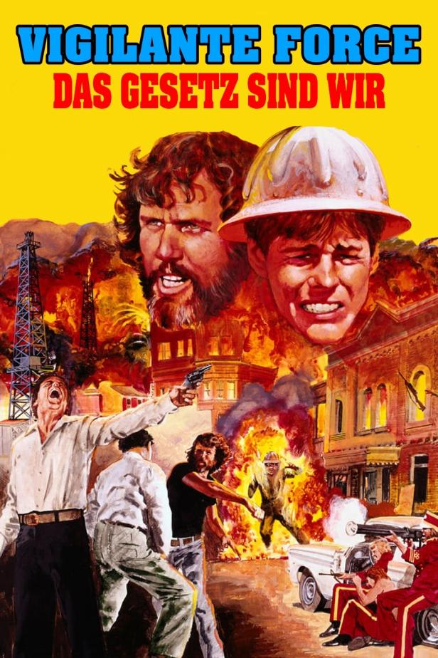 Das Filmplakat für „Vigilante Force – Das Gesetz sind wir“ zeigt eine Stadt in Flammen und bewaffnete Männer.