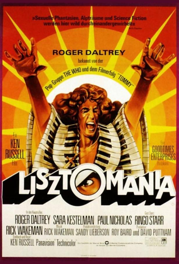 Das Filmplakat für „Lisztomania“ zeigt Roger Daltrey mit einem Klavier-Kostüm.