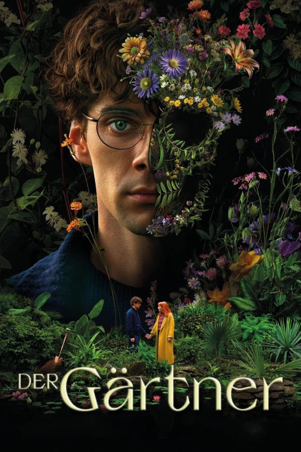 Das Filmplakat für „Der Gärtner“ zeigt einen Mann, dessen Gesicht teilweise mit Blumen bedeckt ist.