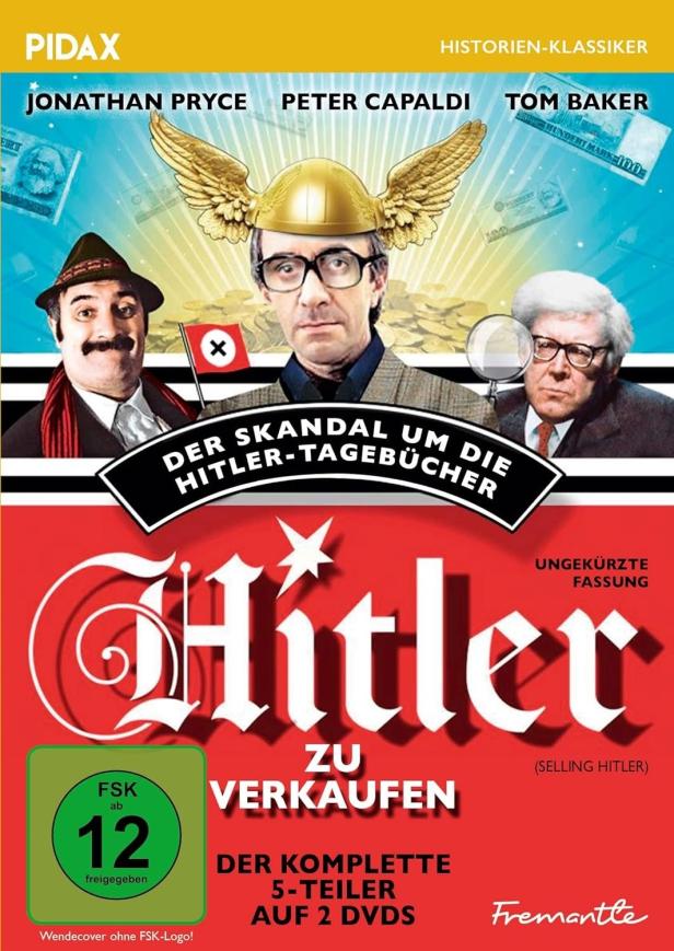 Das Cover des Films „Der Skandal um die Hitler-Tagebücher“ mit Jonathan Pryce, Peter Capaldi und Tom Baker.