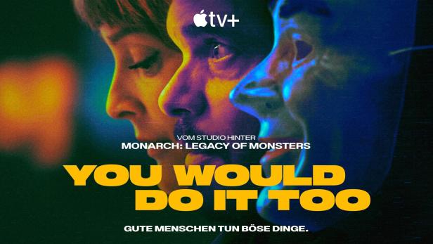 Das Poster für „Monarch: Legacy of Monsters“ zeigt drei Gesichter in Gelb- und Blautönen.