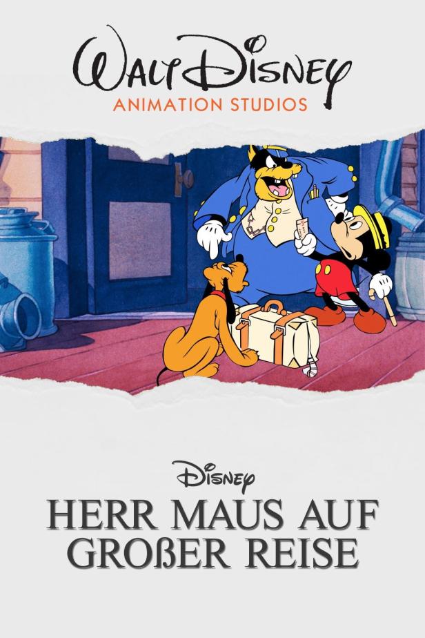 Micky Maus, Pluto und Kater Karlo vor dem Hintergrund des Films „Herr Maus auf großer Reise“.