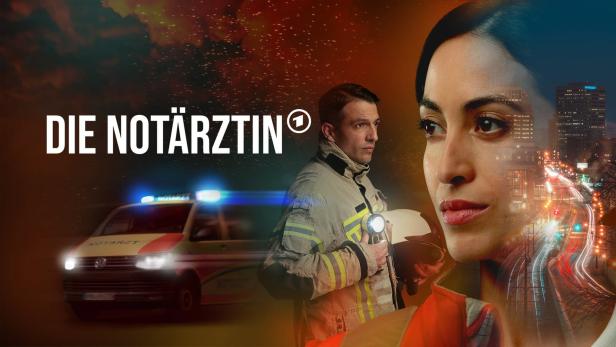 Das Filmplakat für „Die Notärztin“ zeigt eine Notärztin, einen Feuerwehrmann und einen Krankenwagen vor einer Stadtkulisse.