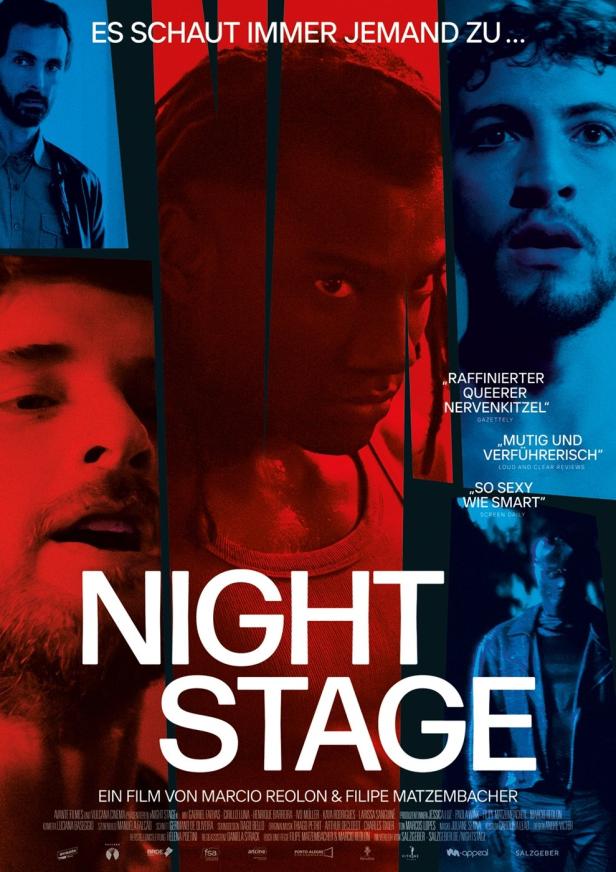 Das Filmplakat für „Night Stage“ zeigt mehrere Porträts von Schauspielern in Rot- und Blautönen.