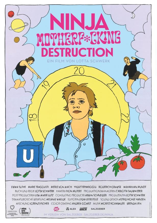 Das Plakat für den Film „Ninja Motherf*cking Destruction“ zeigt eine stilisierte, farbenfrohe Szene.